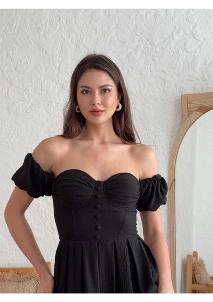 Minik Puf Balon Kol Düğmeli Istiridye Göğüs Kuplu Düşük Omuz Kat Etekli Mini Elbise