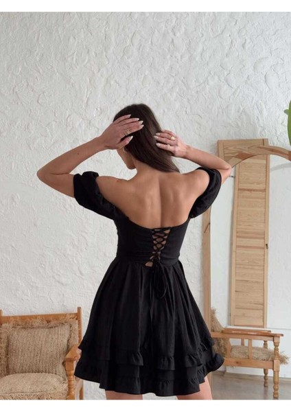 Minik Puf Balon Kol Düğmeli Istiridye Göğüs Kuplu Düşük Omuz Kat Etekli Mini Elbise modelleri