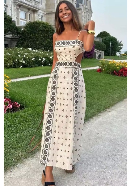 Kanaviçe Motif Tarz Simetrik Desen Pencereli Sırt Lastikli Askılı Diz Altı Günlük Boho Keten Elbise