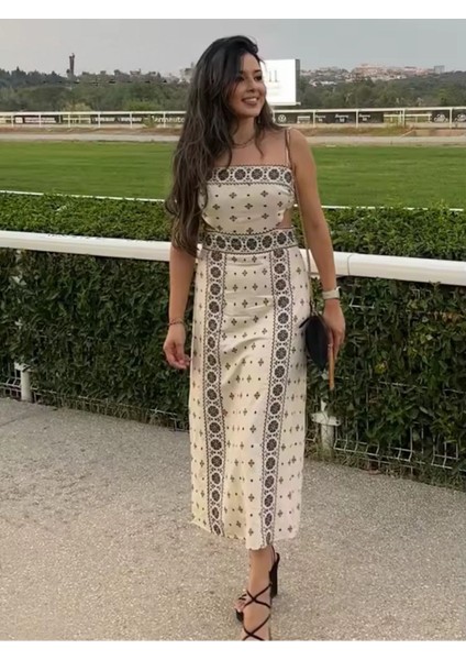 Kanaviçe Motif Tarz Simetrik Desen Pencereli Sırt Lastikli Askılı Diz Altı Günlük Boho Keten Elbise fiyatları