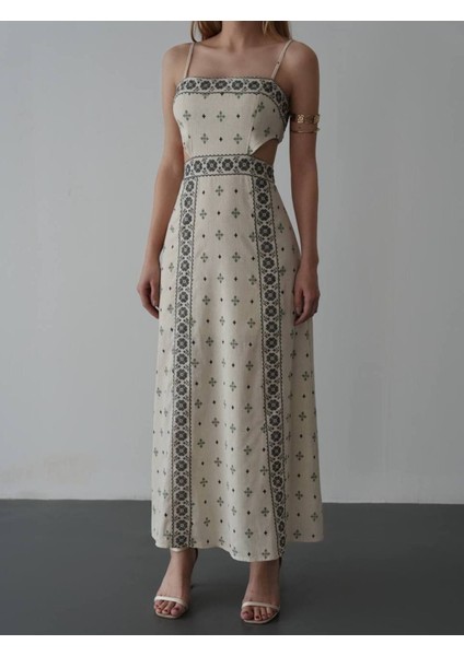 Kanaviçe Motif Tarz Simetrik Desen Pencereli Sırt Lastikli Askılı Diz Altı Günlük Boho Keten Elbise fırsatları