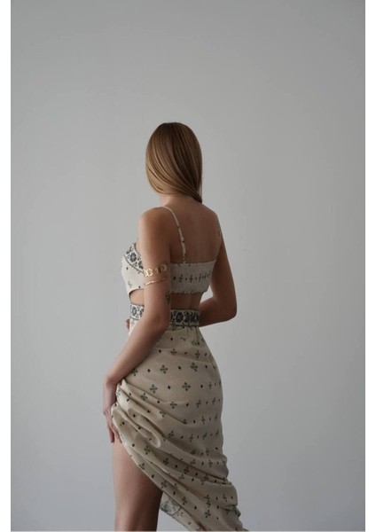 Kanaviçe Motif Tarz Simetrik Desen Pencereli Sırt Lastikli Askılı Diz Altı Günlük Boho Keten Elbise indirimleri