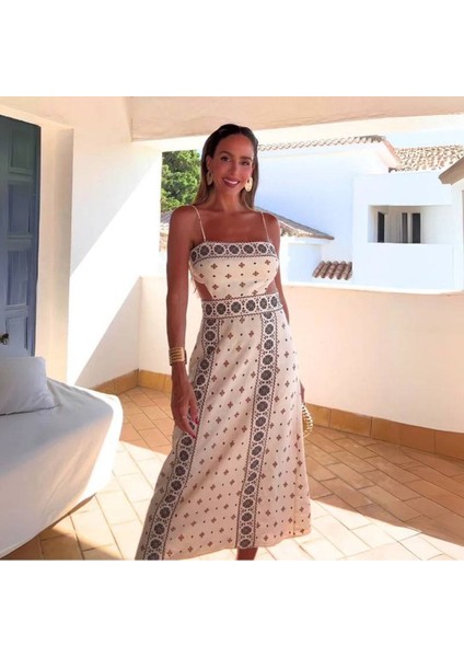 Kanaviçe Motif Tarz Simetrik Desen Pencereli Sırt Lastikli Askılı Diz Altı Günlük Boho Keten Elbise