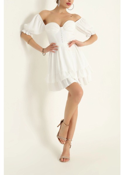 Minik Puf Balon Kol Düğmeli Istiridye Göğüs Kuplu Düşük Omuz Kat Etekli Mini Elbise