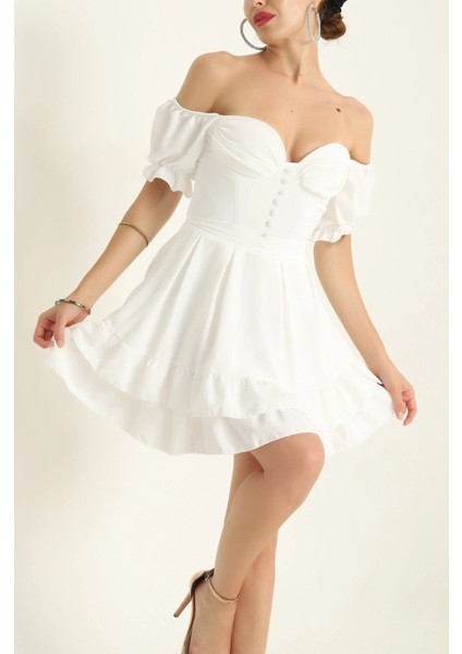 Minik Puf Balon Kol Düğmeli Istiridye Göğüs Kuplu Düşük Omuz Kat Etekli Mini Elbise modelleri