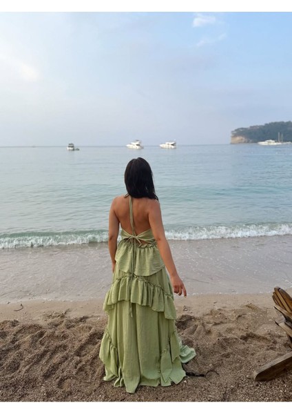 Ip Bağlama Askılı Fırfırlı Hacimli Dalgalı Hareketli Yırtmaçsız Maxi Uzun Yazlık Sahil Tatil Elbise