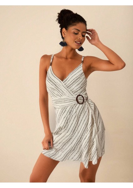 Tokalı Kuşaklı Kemerli Şerit Çizgi Desenli Ahşap Boncuk Askılı Yazlık Elbise modelleri