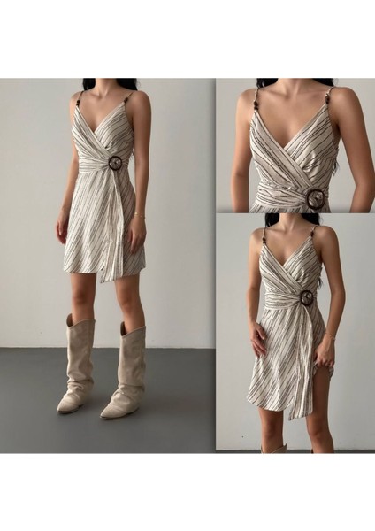 Tokalı Kuşaklı Kemerli Şerit Çizgi Desenli Ahşap Boncuk Askılı Yazlık Elbise indirimleri