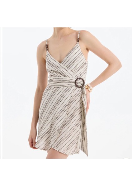 Tokalı Kuşaklı Kemerli Şerit Çizgi Desenli Ahşap Boncuk Askılı Yazlık Elbise