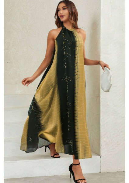 Full Sırt Dekolteli Blok Desenli Halter Yaka Şifon Iki Renk Geçişli Yazlık Uzun Çizgi Efektli Elbise