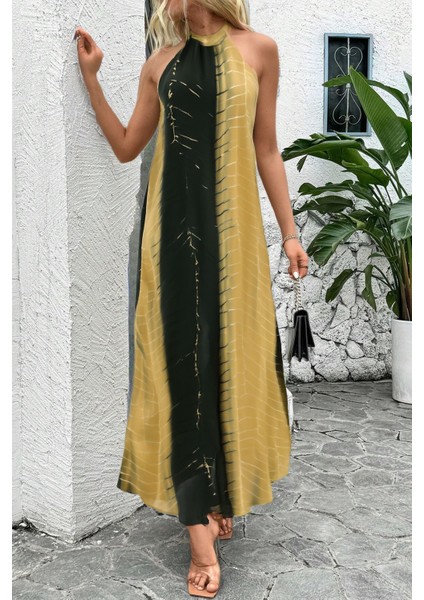 Full Sırt Dekolteli Blok Desenli Halter Yaka Şifon Iki Renk Geçişli Yazlık Uzun Çizgi Efektli Elbise fiyatları