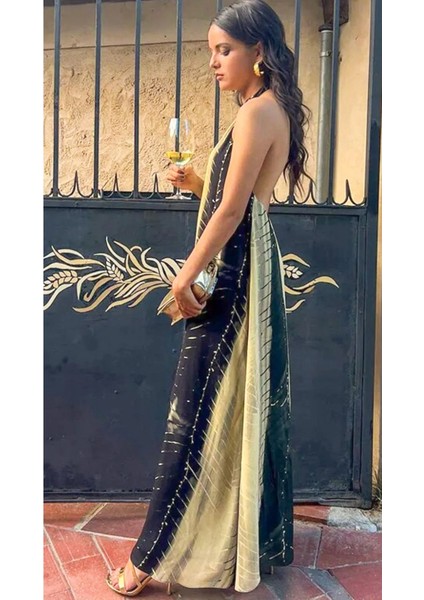 Full Sırt Dekolteli Blok Desenli Halter Yaka Şifon Iki Renk Geçişli Yazlık Uzun Çizgi Efektli Elbise