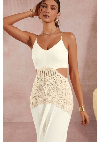 Dantel Pencere Dekolte Bel Askılı Diz Altı Sırt Korseli Korse Keten Askılı Yazlık Elbise