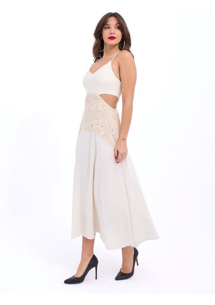 Dantel Pencere Dekolte Bel Askılı Diz Altı Sırt Korseli Korse Keten Askılı Yazlık Elbise