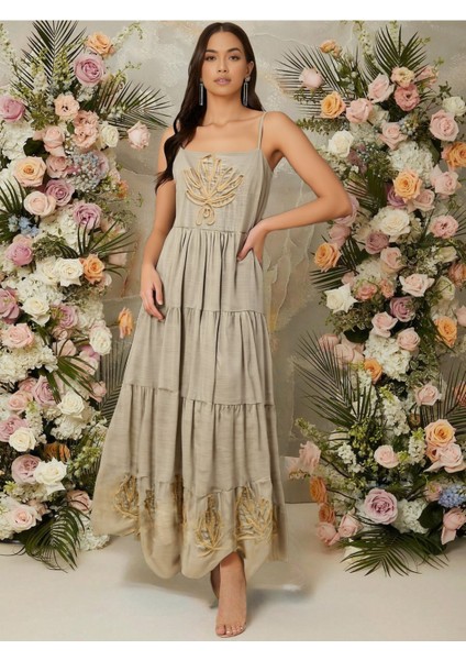 Altın Nakış Yaprak Askılı Zarif Sahil Uzun Elbise