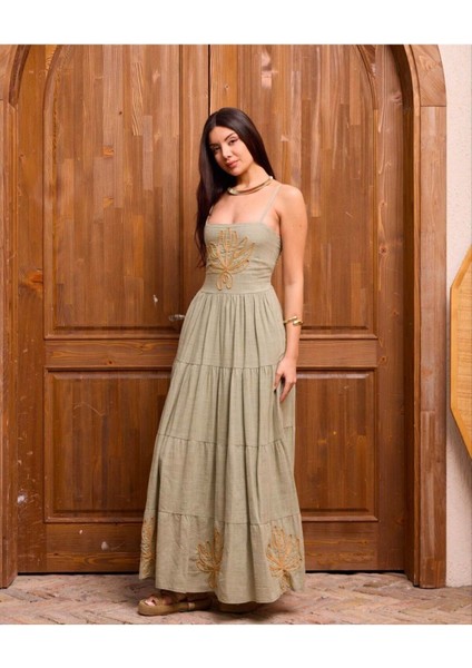 Altın Nakış Yaprak Askılı Zarif Sahil Uzun Elbise fiyatları