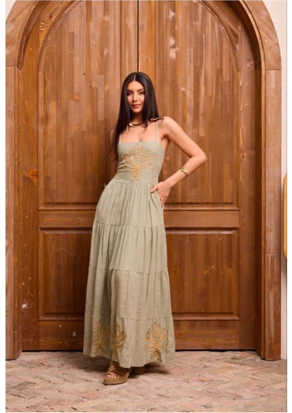 Altın Nakış Yaprak Askılı Zarif Sahil Uzun Elbise modelleri