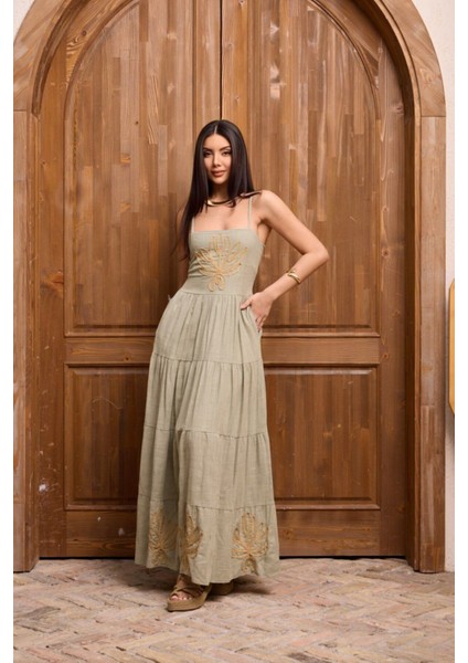 Altın Nakış Yaprak Askılı Zarif Sahil Uzun Elbise fırsatları