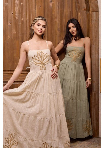 Altın Nakış Yaprak Askılı Zarif Sahil Uzun Elbise indirimleri