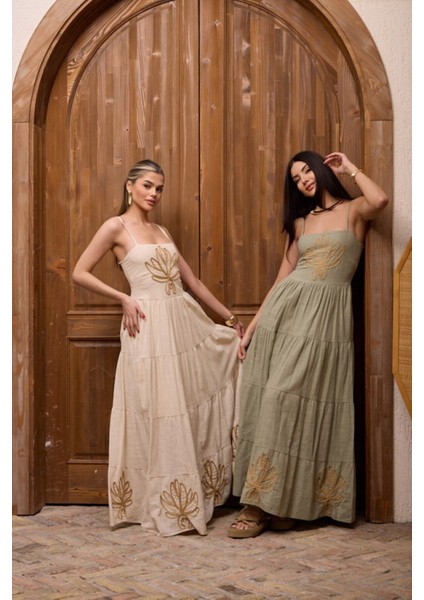 Altın Nakış Yaprak Askılı Zarif Sahil Uzun Elbise