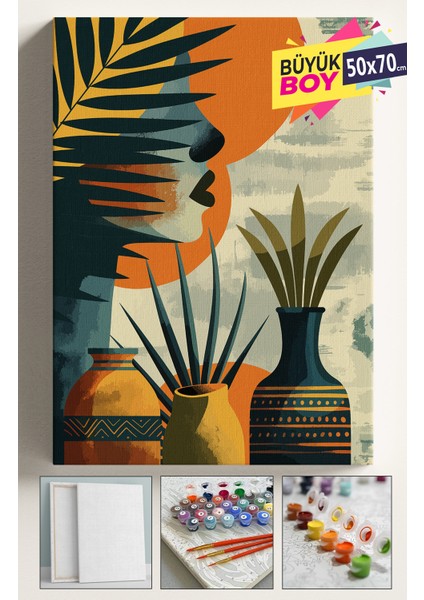 Sayılarla Boyama Seti Numaralı Tuval Fırça Boya Dahil Kasnaklı Set 50X70 cm - Yeşil Vazo Kadın