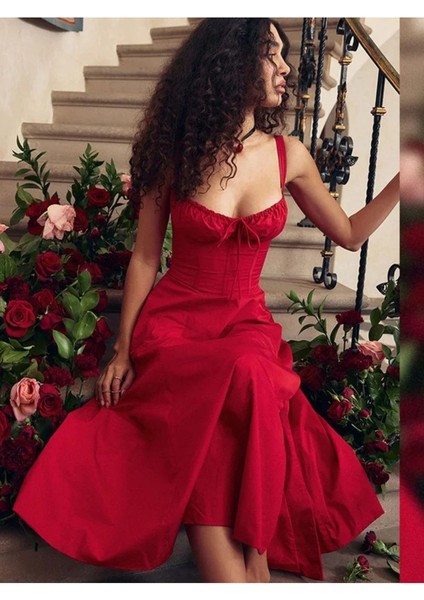 Sırtı Korseli Askılı Dizaltı Midi Yırtmaçlı Western Romantik Yazlık Elbise Kırmızı modelleri