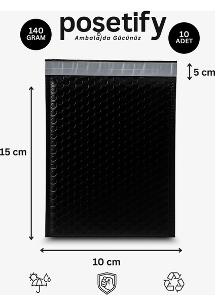 Balonlu Siyah Kargo Poşeti 10X15+5 cm | 140 gr Bantlı Patpatlı Kargo Poşeti | 10’li E-Ticaret Poşeti