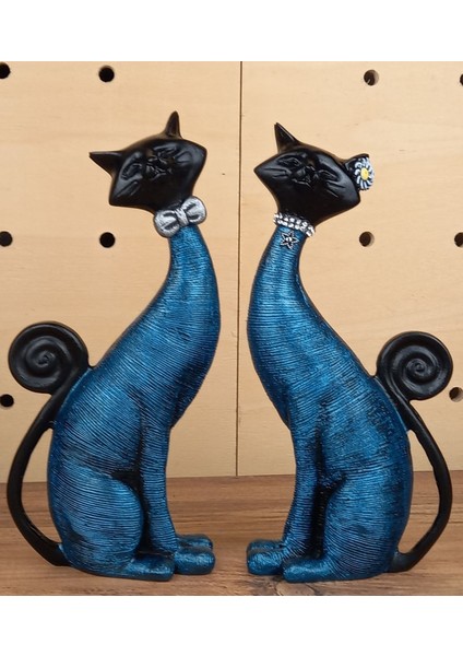 Dekoratif Romantik Ikili Kedi Biblo Polyester Mavi 21X9 cm Ev ve Ofis Dekorasyon Aksesuarları