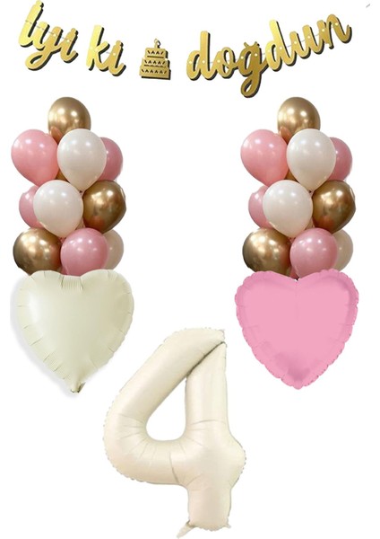 4 Yaş Kız Doğum Günü Konsepti Retro Krem Rakam Iyi Ki Doğdun Bannerlı Balon Zinciri Seti