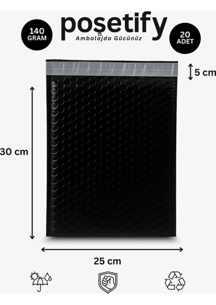 Balonlu Siyah Kargo Poşeti 25X30+5 cm | 140 gr Bantlı Patpatlı Kargo Poşeti | 20’li E-Ticaret Poşeti