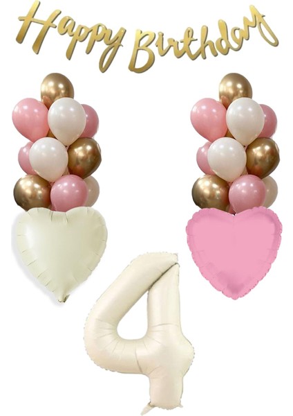 4 Yaş Kız Doğum Günü Konsepti Retro Krem Rakam Happy Birthday Bannerlı Balon Zinciri Seti