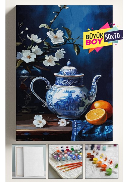 Sayılarla Boyama Seti Numaralı Tuval Fırça Boya Dahil Kasnaklı Set 50X70 cm - Çaydanlık Portakal Vazo