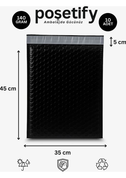 Balonlu Siyah Kargo Poşeti 35X45+5 cm | 140 gr Bantlı Patpatlı Kargo Poşeti | 10’li E-Ticaret Poşeti