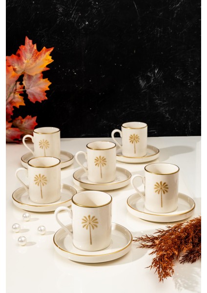 12 Parça 6 Kişilik Porselen Kahve Fincan Seti, Tropik ve Zarif Tasarım