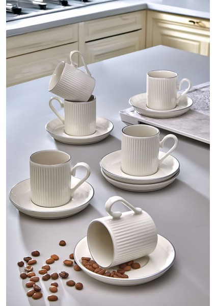 Şık 12 Parça Çizgili Gümüş Kahve Fincan Takımı, 6 Kişilik, 100 ml