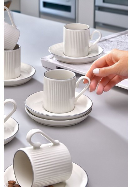 Şık 12 Parça Çizgili Gümüş Kahve Fincan Takımı, 6 Kişilik, 100 ml fiyatları