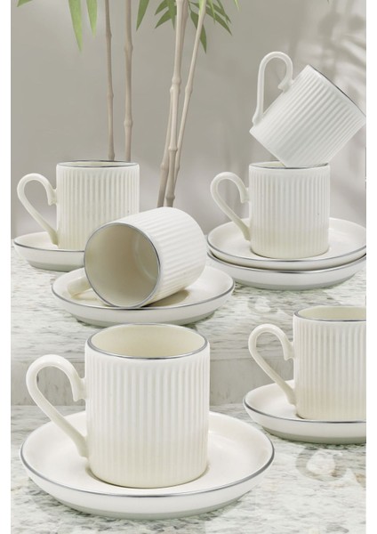 Şık 12 Parça Çizgili Gümüş Kahve Fincan Takımı, 6 Kişilik, 100 ml modelleri