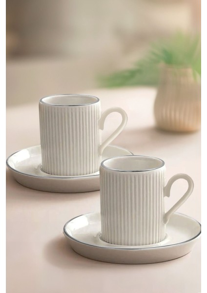 Şık 12 Parça Çizgili Gümüş Kahve Fincan Takımı, 6 Kişilik, 100 ml fırsatları