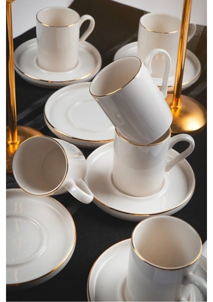 12 Parça Porselen Kahve Fincan Takımı, 6 Kişilik, Yaldızlı, Kırık Beyaz