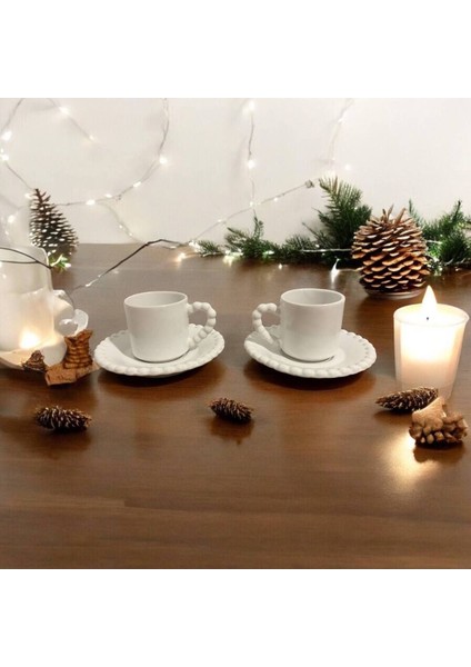 2 Kişilik Boncuk Desenli Fincan Takımı, Kahve Bardağı Seti, Beyaz Renk