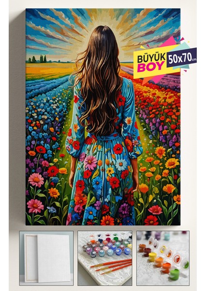 Sayılarla Boyama Seti Numaralı Tuval Fırça Boya Dahil Kasnaklı Set 50X70 cm - Çiçek Tarlası 1