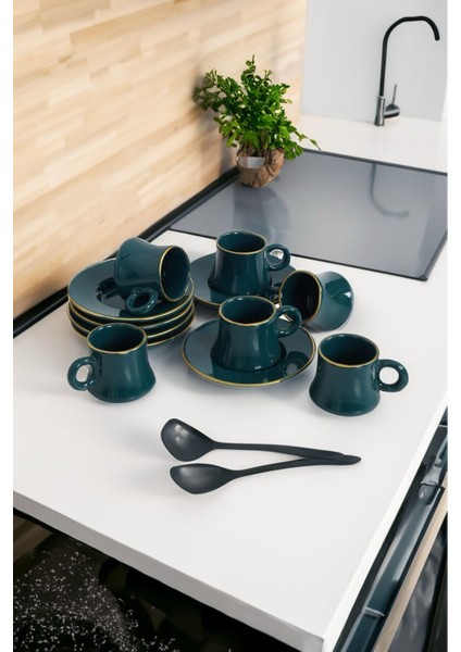El Yapımı 6 Kişilik Yeşil Seramik Türk Kahvesi Fincanı Takımı 90 ml