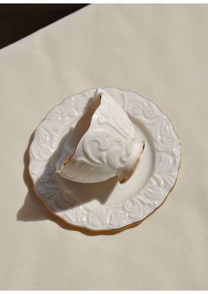 2'li Yaldızlı Kabartmalı Kahve Fincan Takımı, 4 Parça, Beyaz, Şık ve Zarif Tasarım fiyatları