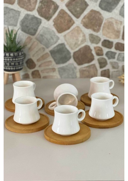 Bambu Tabaklı Porselen Fincan Seti, 6'lı, Şık ve Kullanışlı Ev Dekoru.