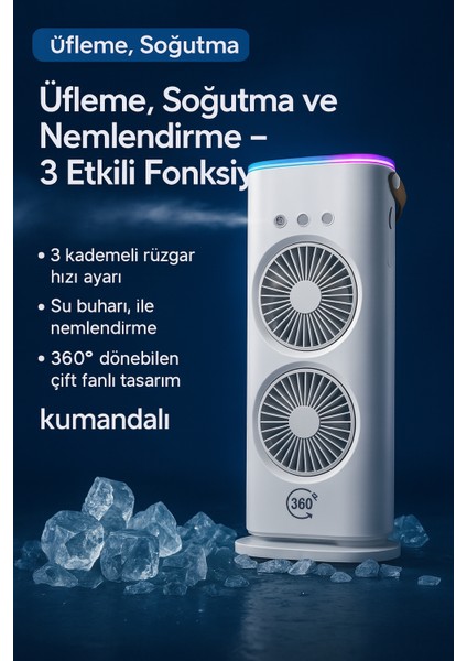 Çift Pervaneli Fan Soğutucu Batryalı Kablosuz Çift Pervaneli Su Buz Haznesi Nemlendiricili