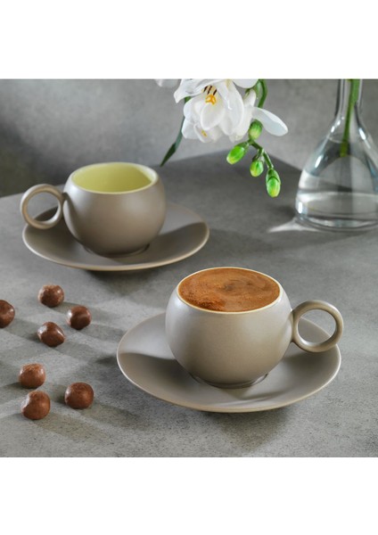 Şık 2 Kişilik Kahve Fincan Seti, 4 Parça, Bej ve Kahverengi Renkli