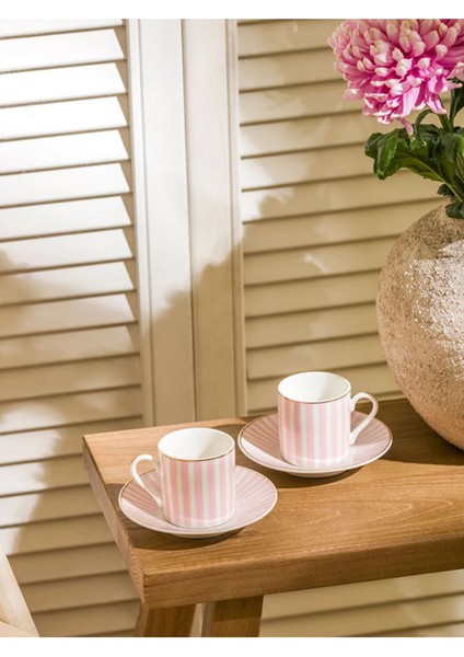 Çizgi Desenli 2 Kişilik Porselen Kahve Fincan Takımı, Pembe Beyaz, 90 ml