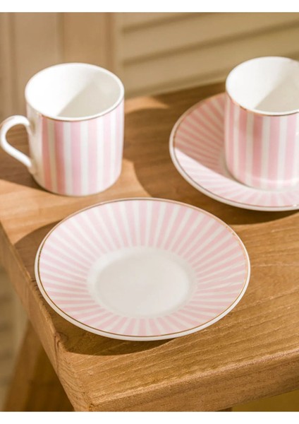 Çizgi Desenli 2 Kişilik Porselen Kahve Fincan Takımı, Pembe Beyaz, 90 ml modelleri