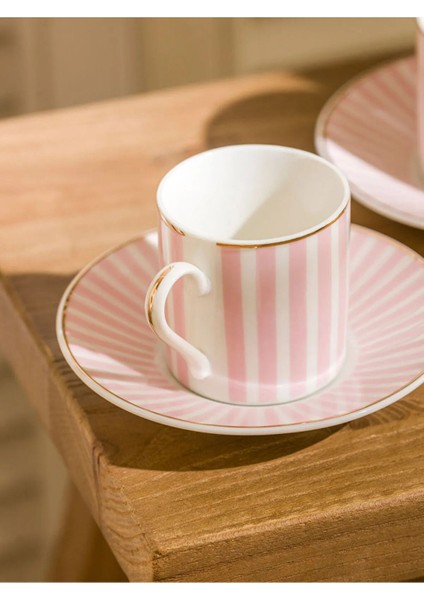 Çizgi Desenli 2 Kişilik Porselen Kahve Fincan Takımı, Pembe Beyaz, 90 ml fırsatları