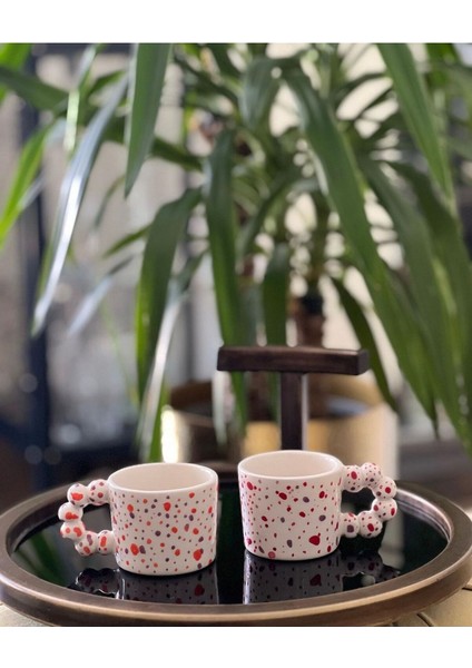 Rengarenk Boncuk Kulp ile Şık Turuncu Kupa Fincan Seti